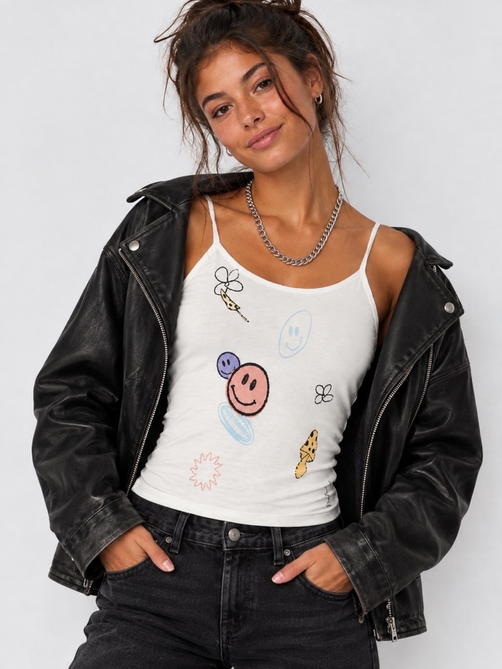Daydreamer LA Doodles Smiley Mushrooms Ribbed Tank Antique White  XS